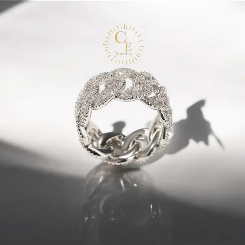CEJEWELRY New Cuban Band Ring Iced Out Platinum Plated Cuban Link Baguette CZ Rings for Women Men Hip Hop Unisex Finger Ring Gift