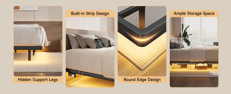【Valentine's Day gift】ONBRILL Queen Size Floating Bed Frame with USB Charging Station and Smart LED Lights, Heavy Duty Metal Platform Bed with Underbed Storage Space, Easy to Assemble, Noise-Free, No Box Spring Needed
