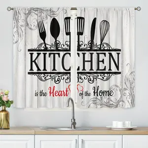 2pcs Stylish Kitchen Curtains for a Farmhouse Look - Featuring Black And White Colors with Playful Sayings, a Design of Wooden Utensils, And a Rod Pocket Style Suitable for Home Decoration in The Kitchen, Café, Office, Living Room, Bedroom