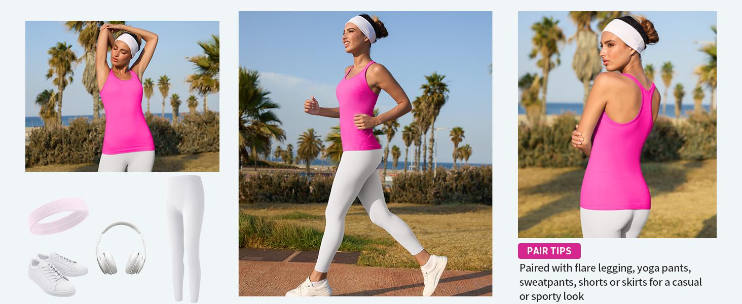 ATTRACO Women's Two-Piece Ribbed Sports Tank Top Set with Built-in Bra Fitted Racerback Design Round Neck for Sports Activities SpringStatements