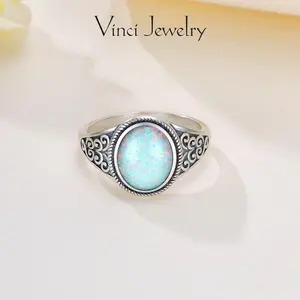 925 Elegant Synthetic Opal Ring with Vintage Floral Pattern Design, Exquisite Filigree Details Ring Jewelry for Women, Adjustable Size Perfect Gift for Girls, Spiritual Healing Jewelry for Daily Wear