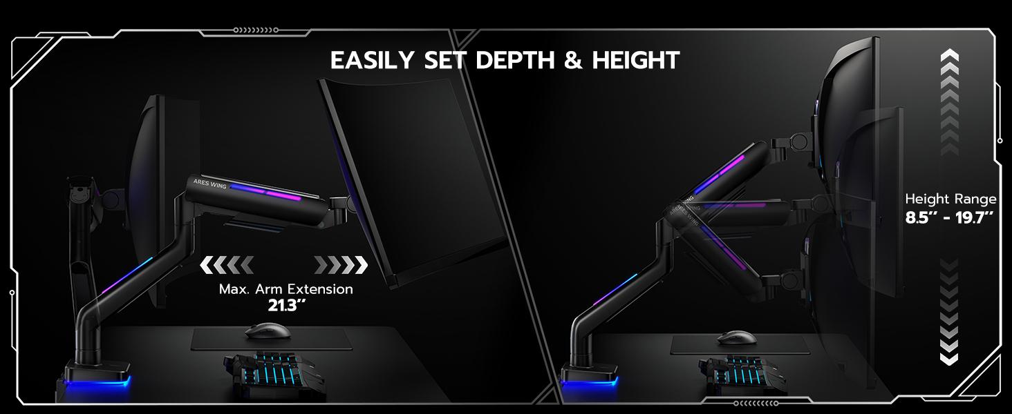 ARES WING Single/Dual Heavy Duty Monitor Arm for 49'' & 44 Lbs Ultrawide Screen, Compatible with Samsung Odyssey G9 and LG Monitor, RGB Desk Arm, 360 Rotation Adjustable Single Mount