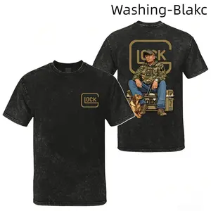 [Designed T-shirt] Washed T-shirt featuring the 47th President Trump with his hunting dog and pistol; unisex pure cotton crew neck T-shirt for hunting season. Top Womenswear