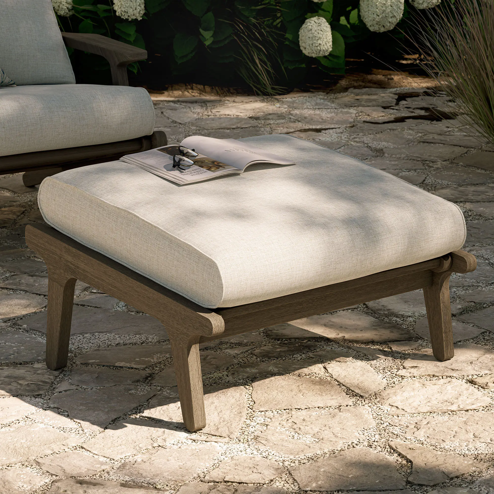 Saratoga Outdoor Teak Ottoman in Pebble