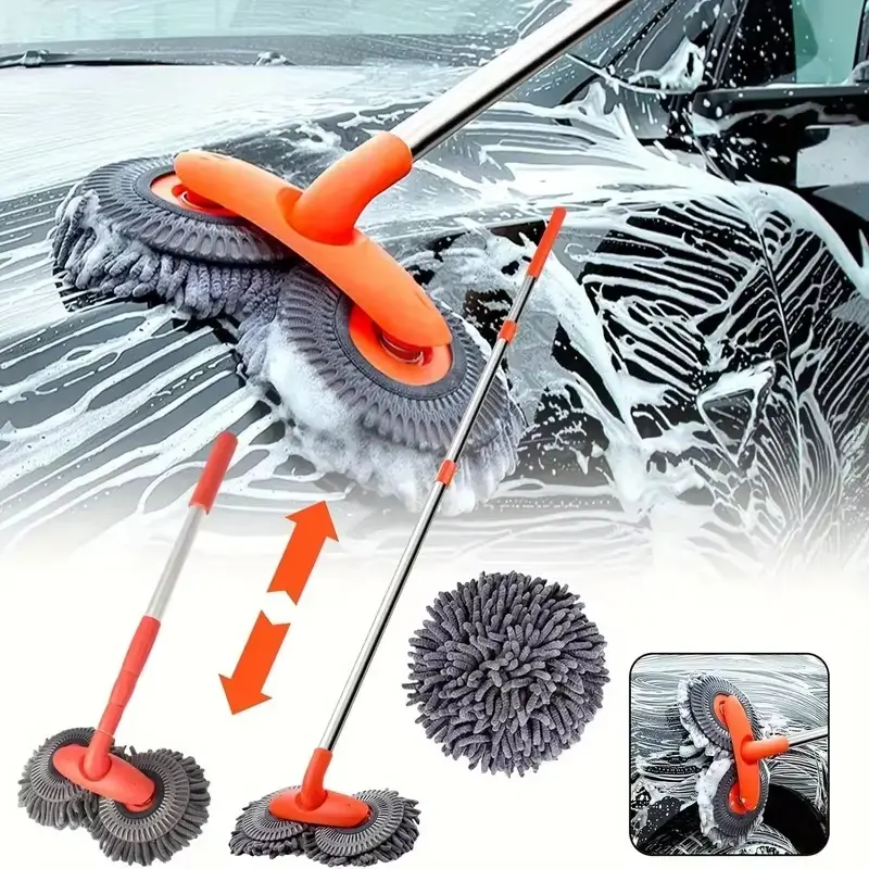 43'' Long Handle Car Wash Mop Brush, 360 °   Rotating,Detail Cleaning,3X Fast Clean,Retractable Aluminum Alloy pole (durable),soft chenille Material,Avoid Scratching,Suitable for Car, RV, Truck, SUV and Home Cleaning - Car Wash Accessories!