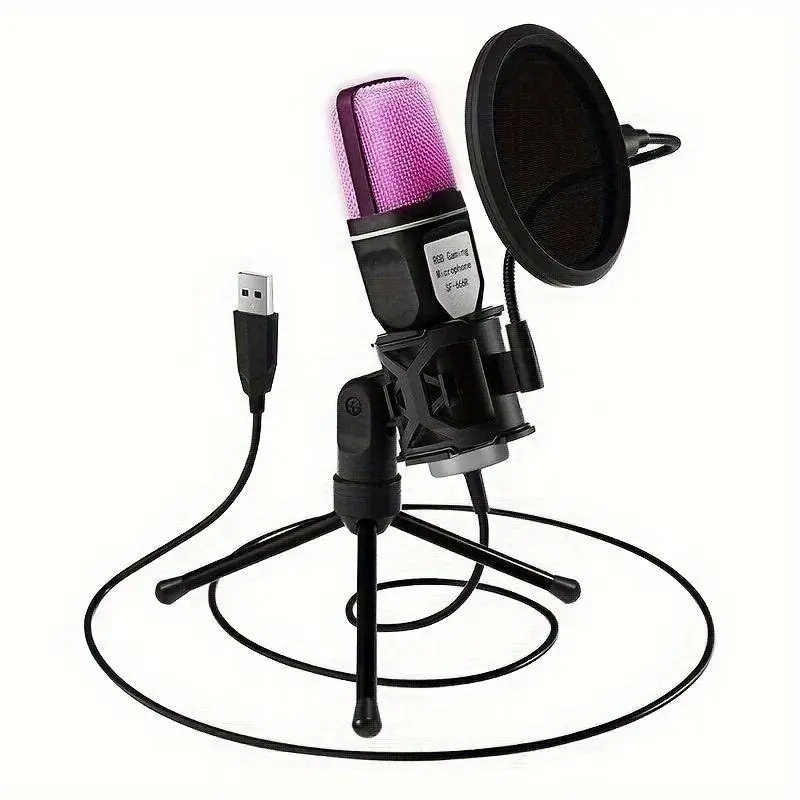 Portable Lightweight USB Microphone with Tripod, RGB Lighting Gaming Microphone, Singing Mic, Condenser Microphone with PC Compatibility for PC & Laptop, Professional Audio & Video Product, Wired Recording