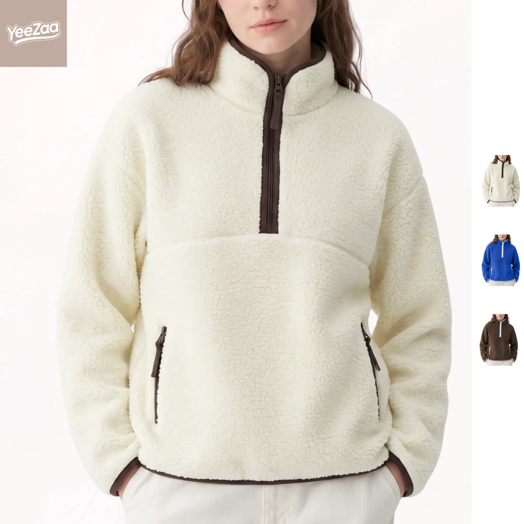 Women's  Fleece Sweatshirts Sherpa Half ZipFuzzy  Pullover Jacket | Long Sleeve Half Zip Mockneck Sweatshirt, Cozy Layering Tops & Fuzzy Brown Teddy Outfits for Fall Winter Cold Outdoor