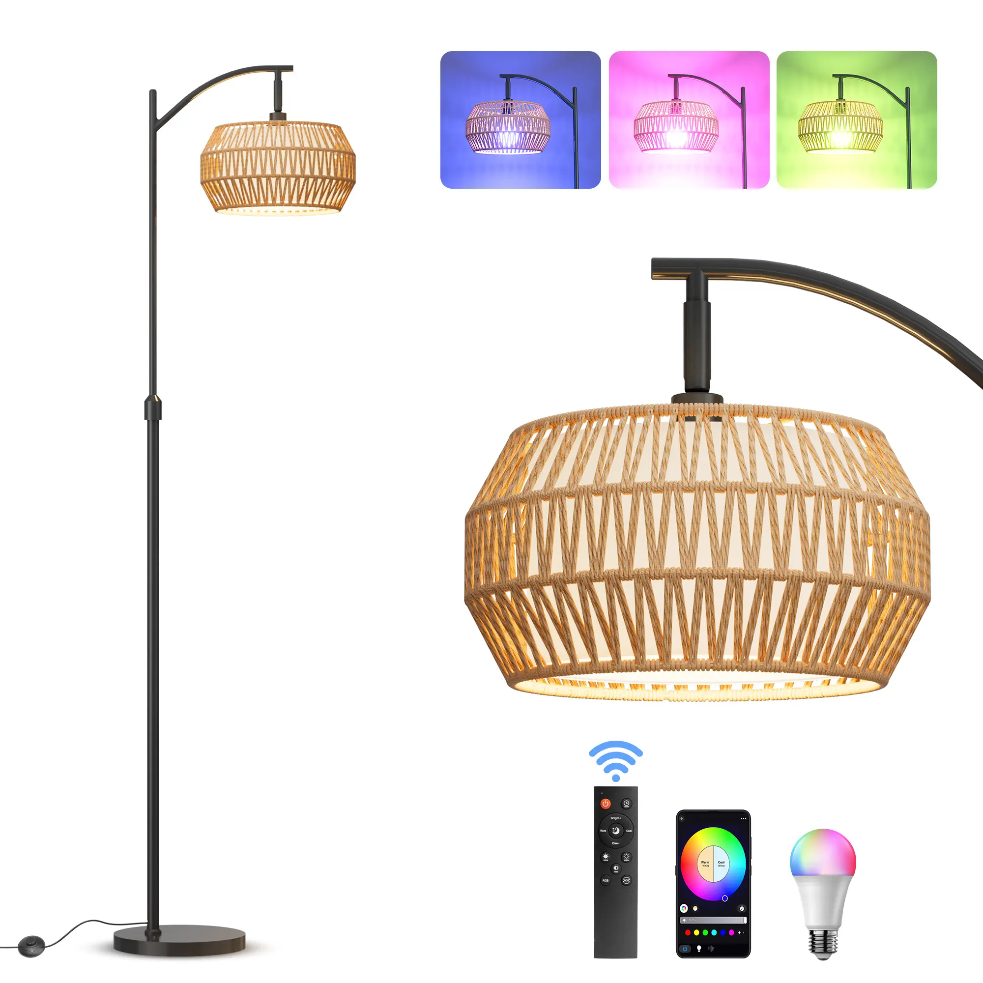 DEMILARE Bohemia Floor Light, Rattan Arc Adjustable LEDs Floor Lamp with ft Switch & Remote Control, Tri-Color Temp & Lighting Modes Adjustable, Dimmable RGB Multicolored Light, Home Decor for Living Room Office,Rgb Light,BackToSchool