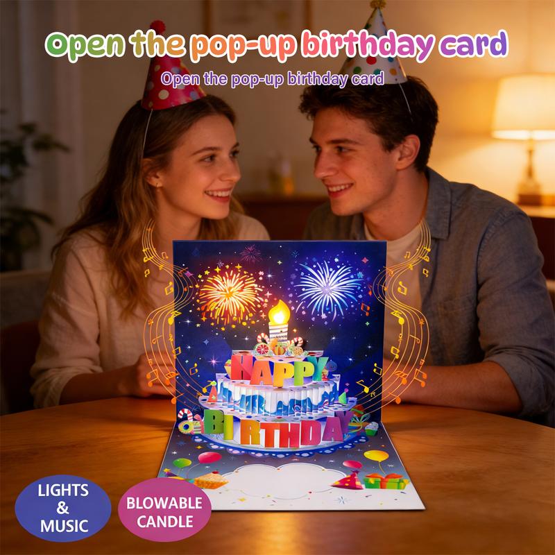 LED Light & Music 3D Pop-Up Birthday Card – Blowable Candle Interactive Greeting for Women, Men, Kids & All Occasions
