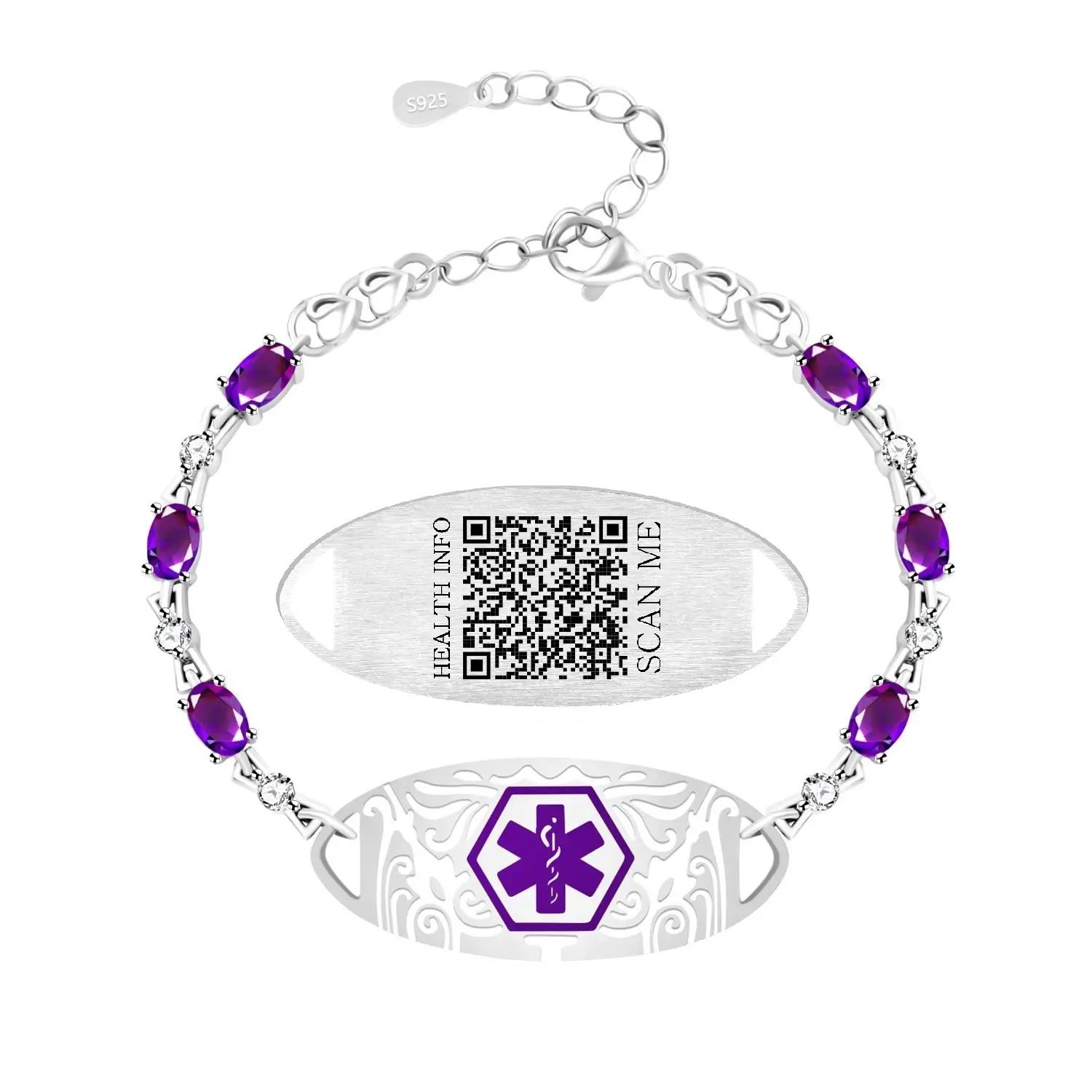 Uloveido Purple Zirconia Medical Alert Bracelet for Women | Stainless Steel Emergency ID Jewelry with Dynamic QR Code, Scan to Update Medical Info Anytime, Adjustable Safety Bracelet for Travel Sports Daily Wear