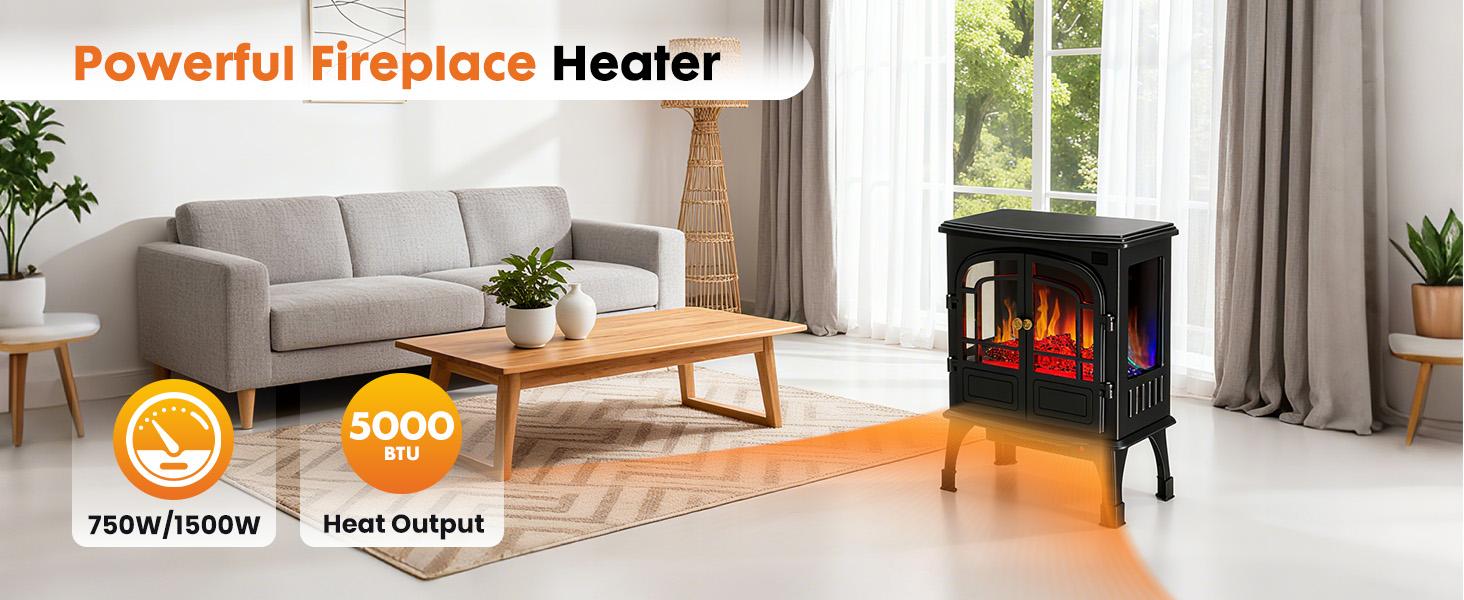 Freestanding Electric Fireplace, 26” Indoor Fireplace Heater with 3D Flame Effect, Overheating Safe Design, Energy Saving Space Heater with 12H Timer&Remote for Living Room, Bedroom