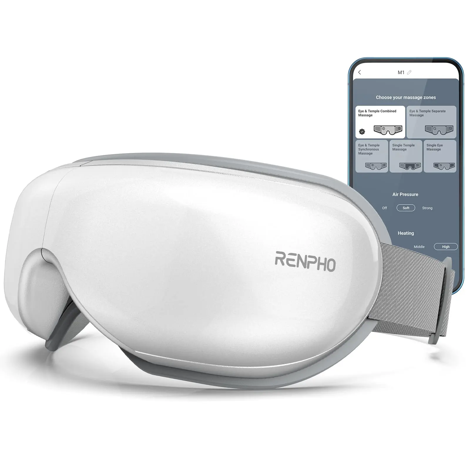 RENPHO PU Smart Heated Cordless Eye Massager - Comfortable Acupressure Device with Collapsible Design, App Control, Bluetooth, Touch Buttons, DIY Settings, Lightweight Battery Power, Box-Included Personal Care Appliance, Gifts for Adulting Women