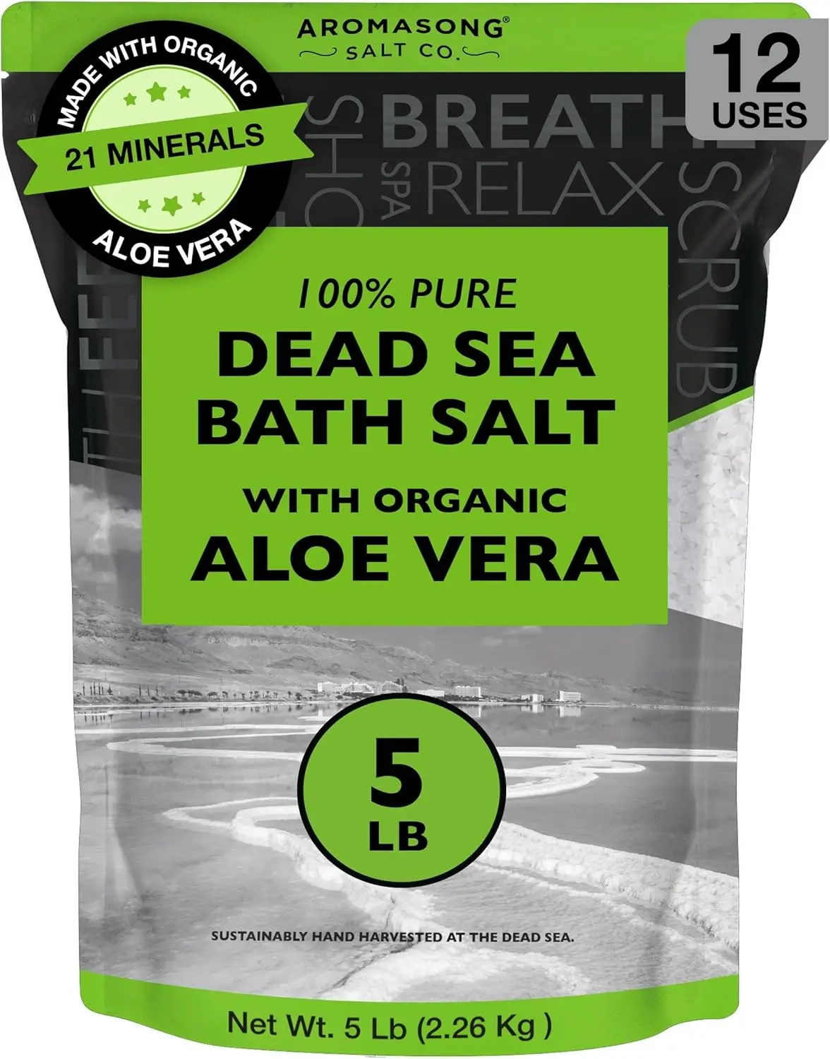 Aromasong Fine Grain Dead Sea Bath Salt - Organic Aloe Vera, 5 lb All-Body Care Smooth Quick Dissolve Cleanser for Dry & Sensitive Skin, Minerals, Eczema Moisturizing