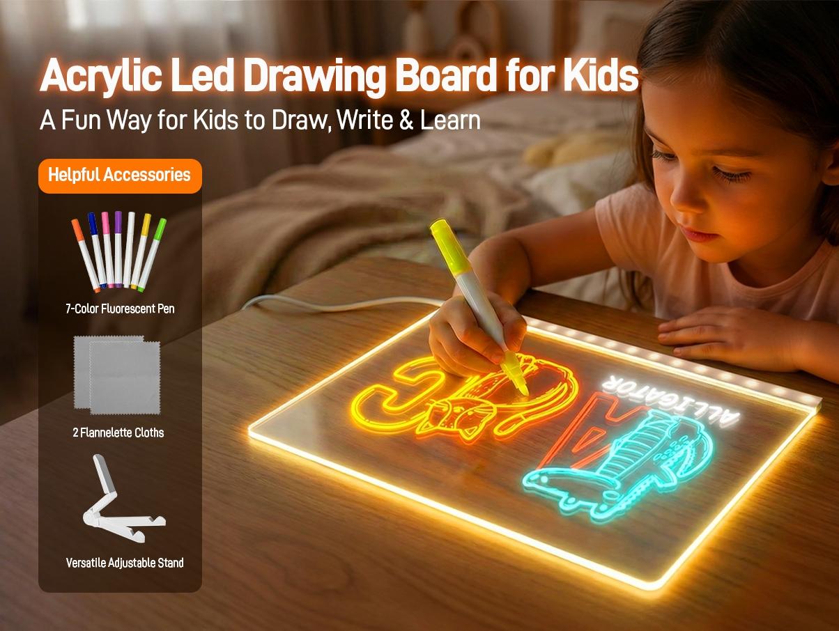 Conatu Acrylic LED Drawing Board for Kids, Acrylic Dry Erase Light-Up Drawing Board with Stand, Markers & Wipes, Erasable Reusable Board for Kids Learning, Ideal Gift for Birthday