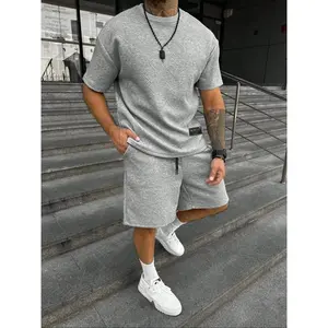 Men's Solid Round Neck Tee & Drawstring Waist Shorts Set, Regular Fit Crew Neck Short Sleeve T-shirt & Track Shorts, Casual Summer Clothes Set for Outdoor, Menswear