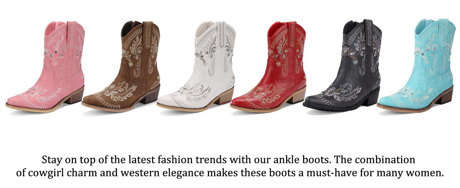 Rhinestone Ankle Cowboy Boots for Women Embroidered Short Cowgirl Boots with Low Heel Side Zipper Comfortable Chunky Heel Western Booties for Prom Party Wedding Pull On Shoe