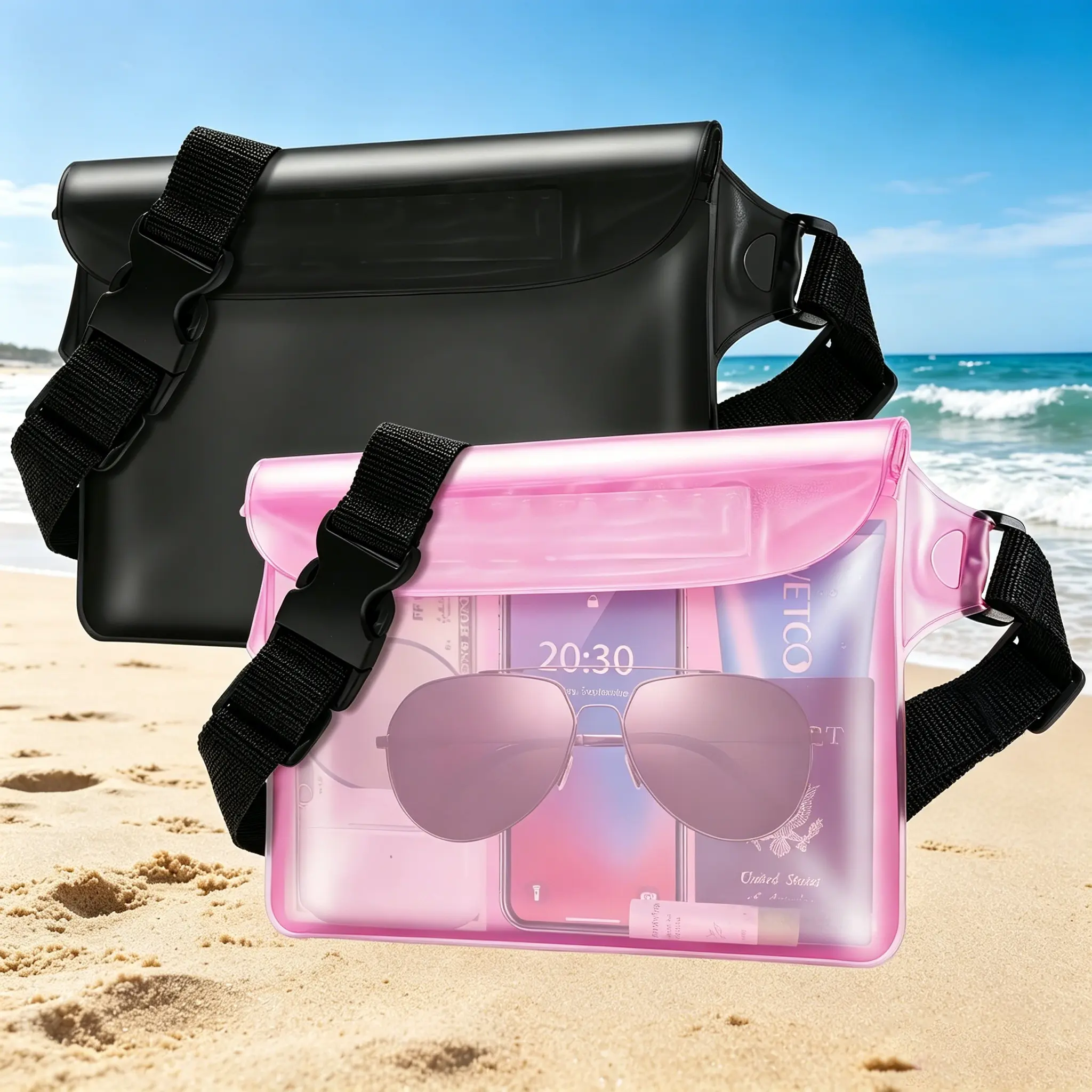 2 Pack Unisex IP68 Waterproof Fanny Pack - Adjustable Waist Pouch, Transparent Floating Touchscreen Dry Bag, Boating Accessory for Kayaking, Travel Water Sports Essentials, Dry Bags Waterproof