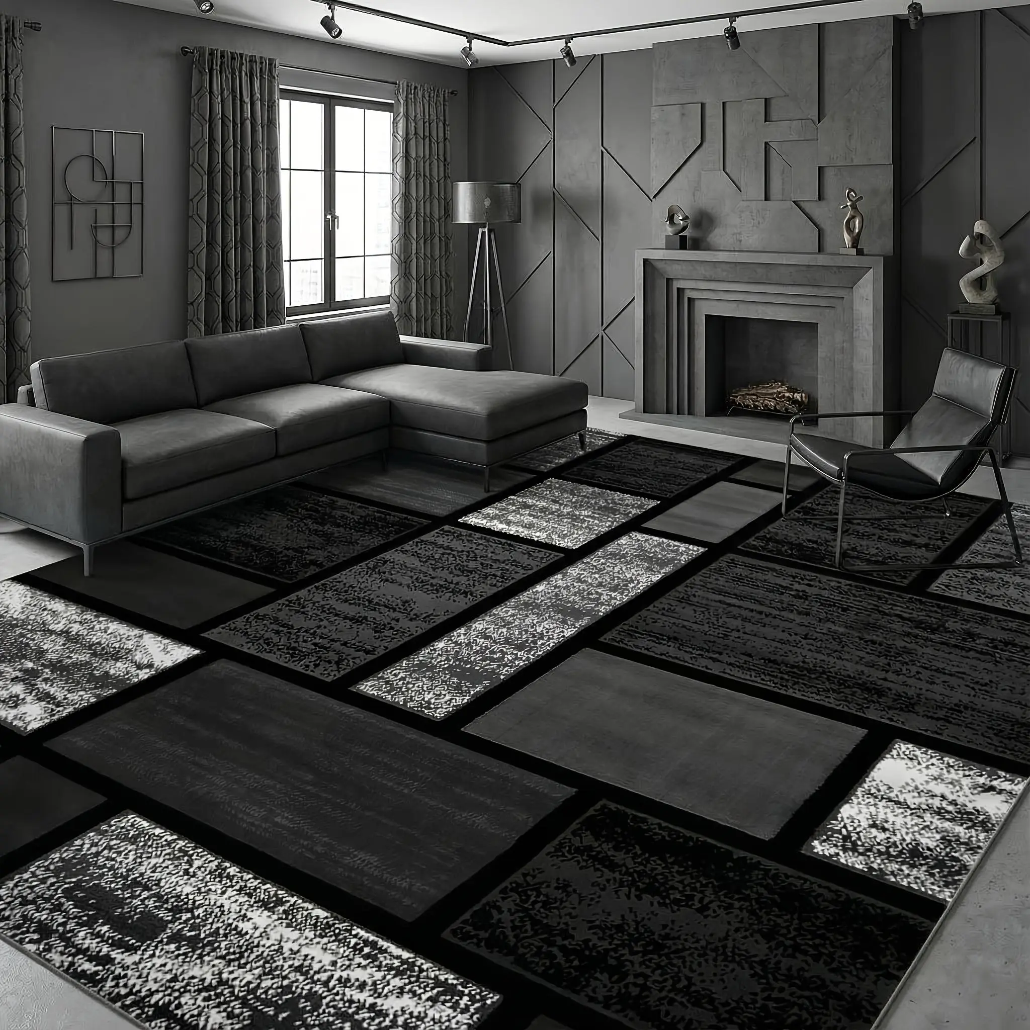 Black patchwork living room rug with a velvet print—soft and comfortable, slip-resistant and durable—ideal for bedrooms, living rooms, dorm rooms, small apartments, dining rooms, entryway mats, and home decor.