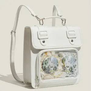 Berry n Rose White Ita Backpack Purse with Clear Display Window, Convertible Crossbody / Shoulder Bag for Anime Pins