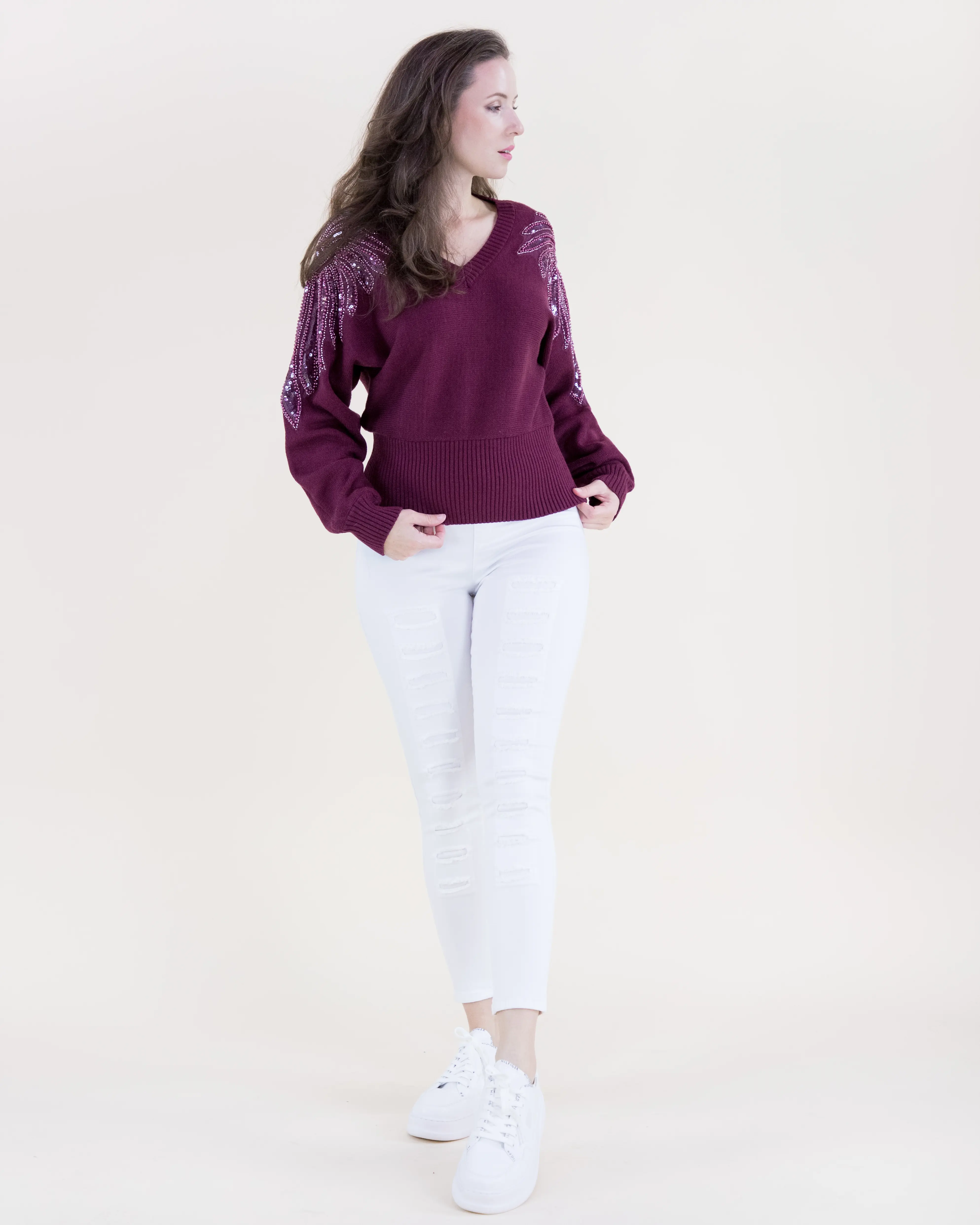 Women's Longsleeve Knitwear Top - Elegant Cashmere-Feel Acrylic Blend Easy Pull-On Pullover, V-Neck, Sequin Shoulder Embroidery, Regular Fit, Holiday Gatherings, Black & Maroon, Batwing, Longsleeves