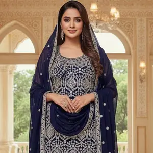 Navy Blue color in Size 46 heavy Embroidered Sharara Suit. Faux Georgette Fabric Designer Wedding Party Wear
