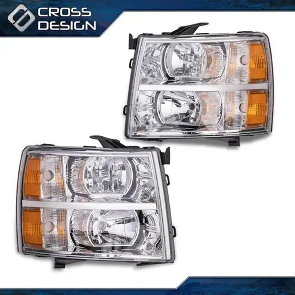 CROSSDESIGN D.O.T. Approved Headlight Assemblies - Chrome Housing with Amber Corners, Includes Headlight Bulbs, Car Lighting Accessories for 07-14 Chevy Silverado, Car Exterior Upgrade