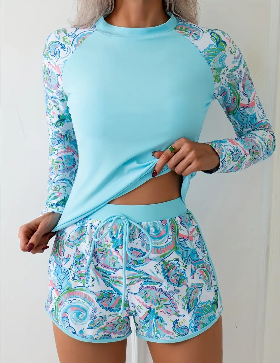 Rash Guard Set for Women, 2-Piece Swimsuit with Long Sleeve Tropical Print Top and Boy Shorts, Active UPF Sun Protection for Surfing, Rashguards, Modest Swimming Wear, Rash Guard Swimwear, Water Park, Upf Protect, Two Piece
