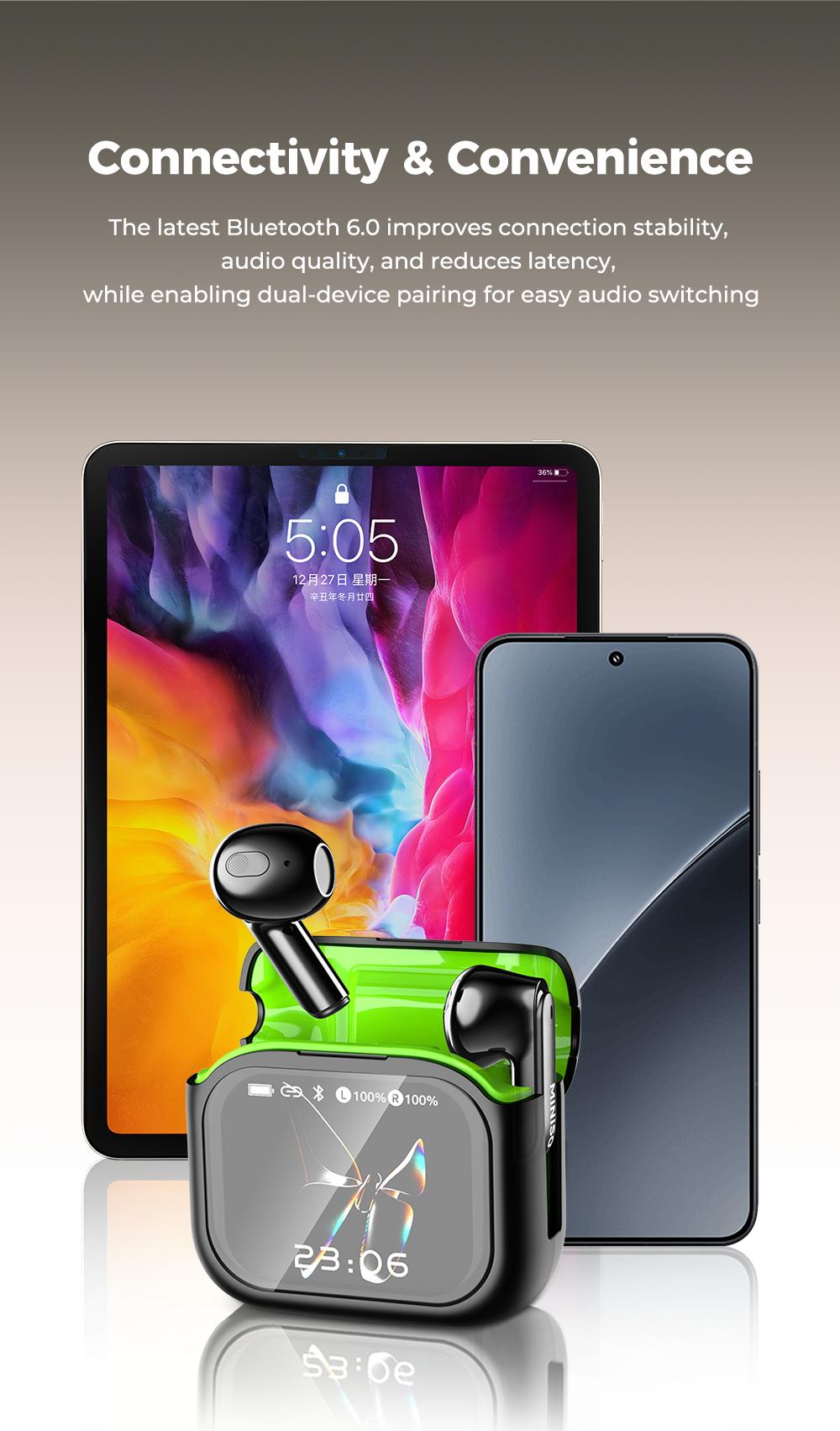 MINISO 103  AI Headset Translates 134 Languages Wireless Noise Cancelling Earbuds with Smart Screen Case, Clear Calls, App Translation, 30H Battery, Bluetooth 6.0, IPX5