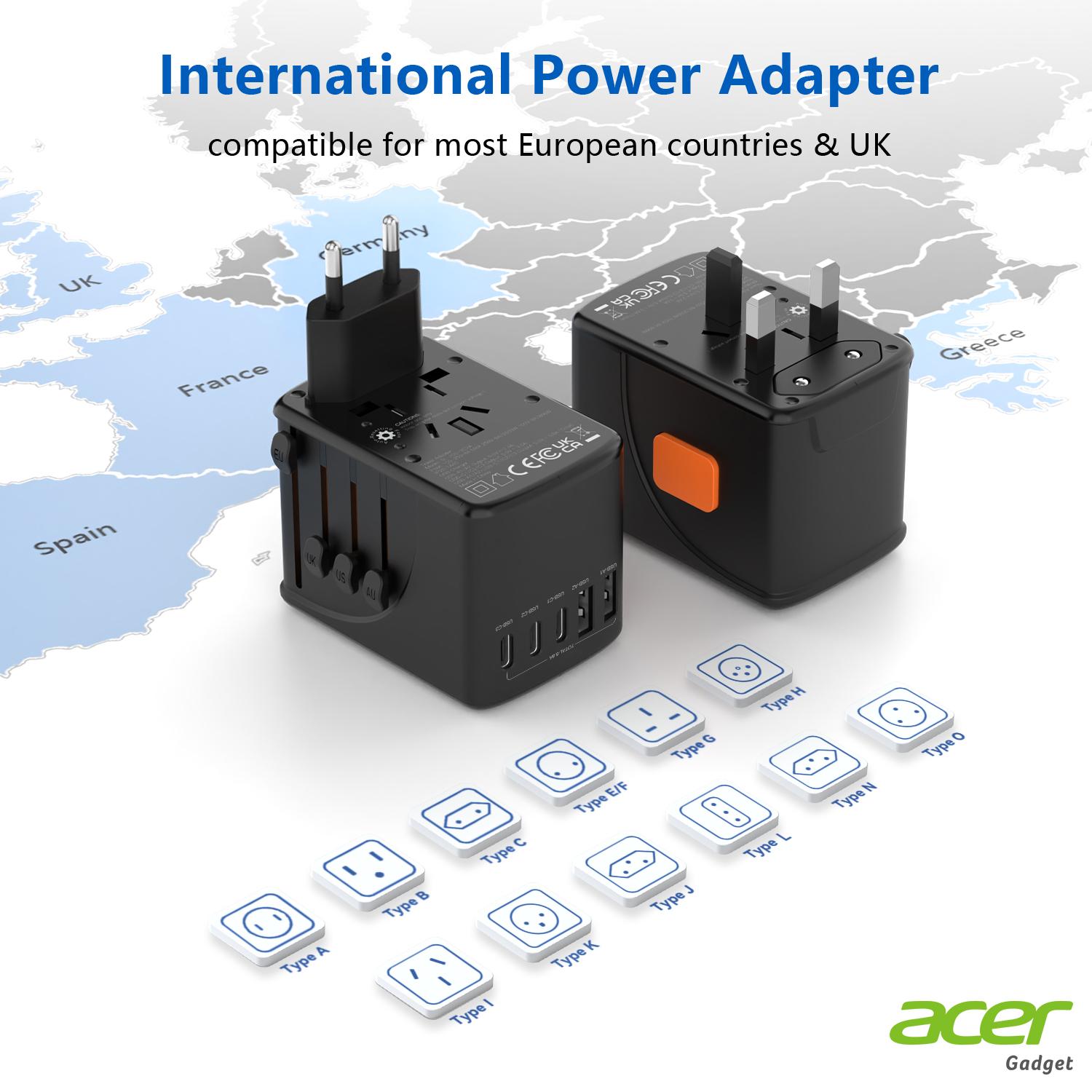 Acer Christmasparade Universal 12 in 1 Travel Adapter With 5 USB Ports (3 USB C), 100-250V Input & 29W Output, US/EU/UK/AU Plugs, International Power Adapter, Worldwide Outlet Charger For USA To European UK France Germany Spain, Black，Pink，Blue，Purple