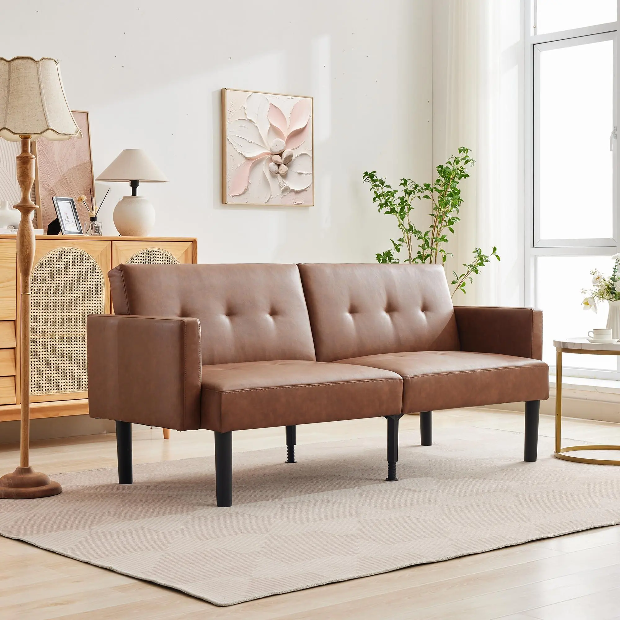 75.5" Mid-Century Convertible Futon Sofa Bed, Brown PU Leather Upholstered 2-Seat Couch with Strong Legs & Quick Setup, Comfy Sleeper for Living Room, Bedroom, Dorm