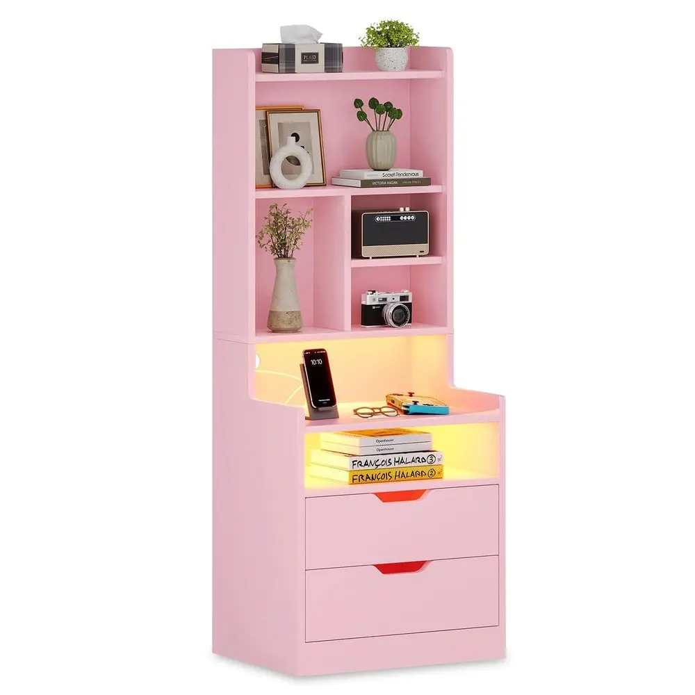 SIKAIC RGB LED Lights Tall Bedside Table - 1 On-Off Button Switch, 2 Glide Storage Drawers, Bookshelf Charging Station, Open Space, Pink Modern Engineered Wood Indoor Apartment Furniture, Room Decor for Teen Girls, Nightstand