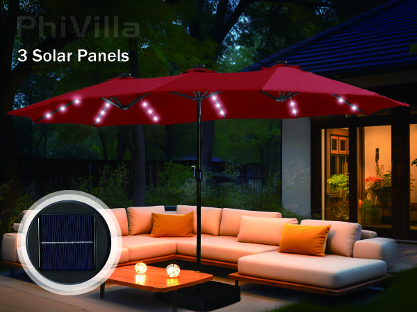 PHI VILLA Double-Sided Outdoor Patio Umbrella 15 ft Large with Crank, Steel Pole Metal Frame Includes Base, Easy to Clean, Sunshade Canopy, Ideal Gift for Home