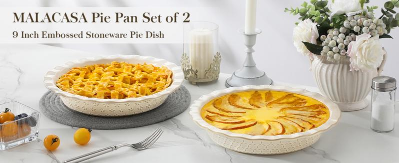 MALACASA 9 Inch Pie Pan, Embossed Deep Dish Pie Plate for Baking, Quiche, and Apple Pie, 45 OZ Round Fluted Dish Safe for Oven Use, Series Lydia Winter Holiday