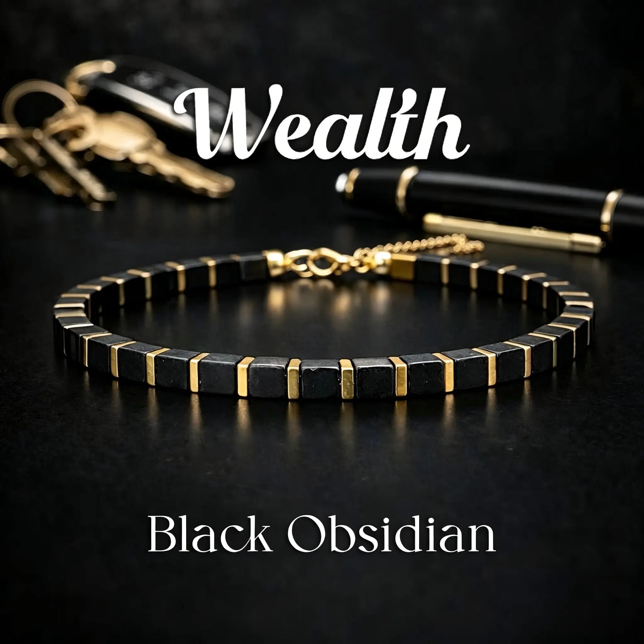 Men's Black Obsidian Wealth Bracelet, 14K Gold Plated Square Bead Healing Crystal Bracelets, Protective Energy Prosperity Luck Stone Jewelry Gift for Him Husband Dad Boyfriend