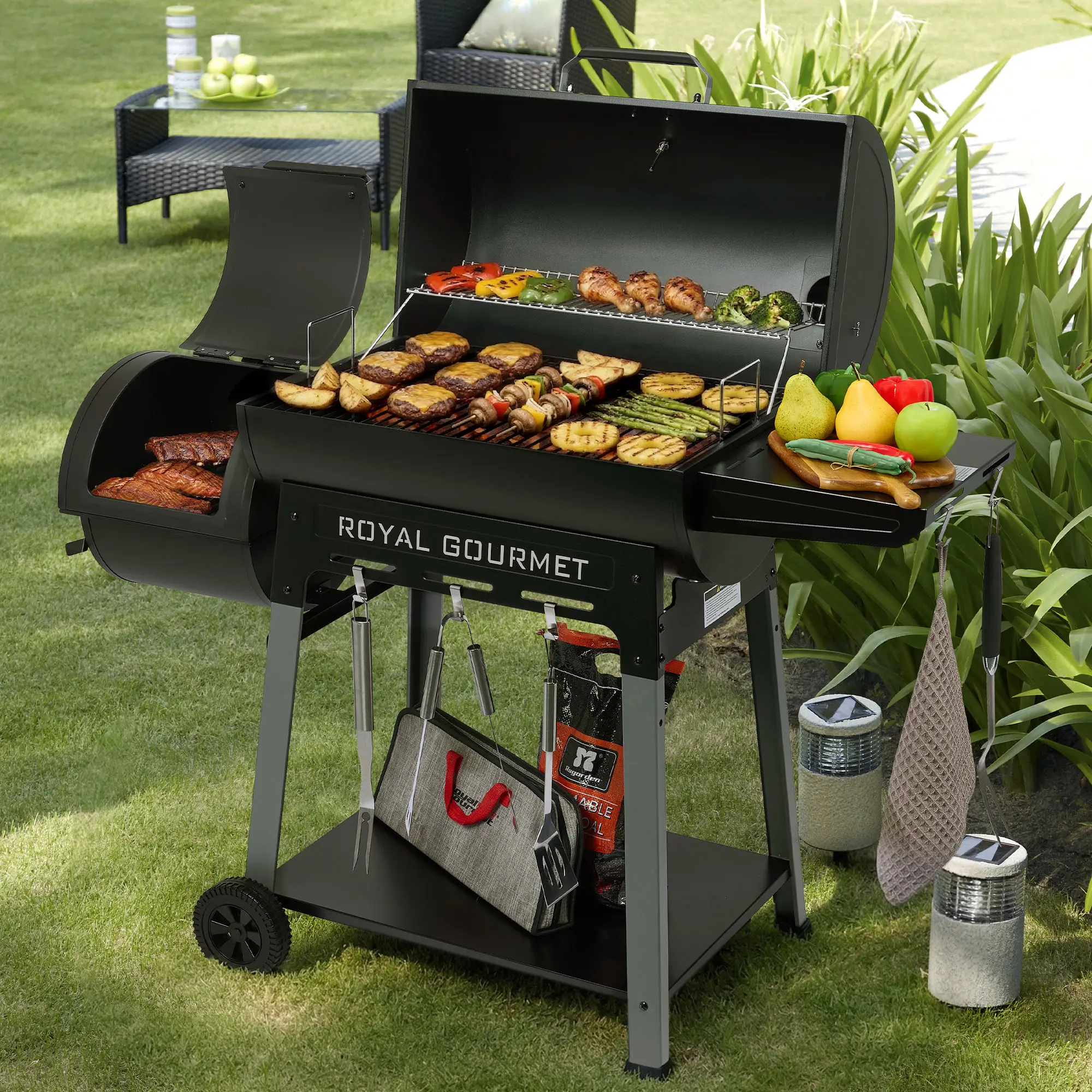 Royal Gourmet CC1831M Barrel Charcoal Grill with Offset Smoker, 824 Sq. In. Cooking Area, Side Shelf with Hooks, Frame Tool Hooks, Bottom Shelf, Blow-Molded Wheels, Outdoor Charcoal Grill for Backyard Cooking, Black