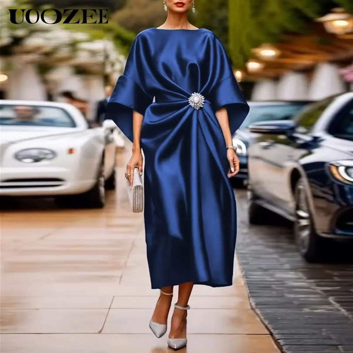 UOOZEE Women's Stylish Casual Maxi Dress, Solid Polyester Pleated Gown with an Asymmetric Hem and 3/4 Batwing Sleeves, Lady, Basic, Scoop Neck, 3/4 Sleeve, Breathable, Check Size Guide, Party‑Ready Maxi