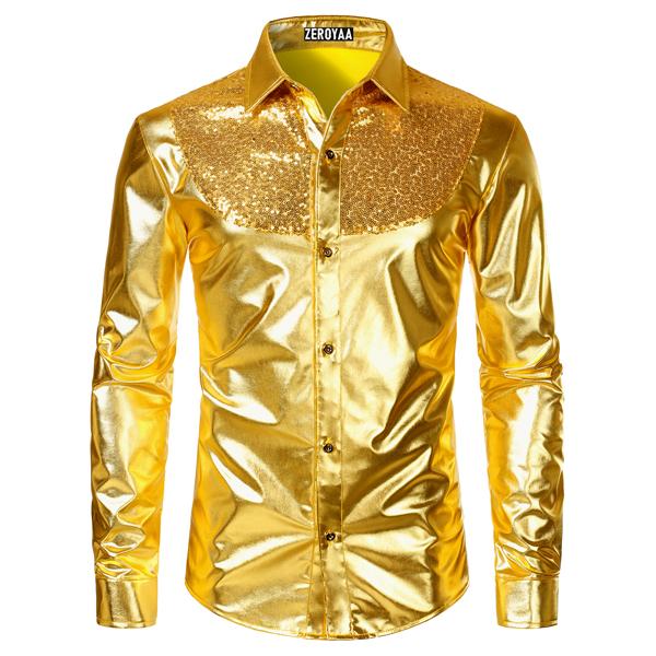 ZEROYAA Men's Shiny Metallic Sequin Long Sleeve Button Down Shirts for Cosplay Halloween Party