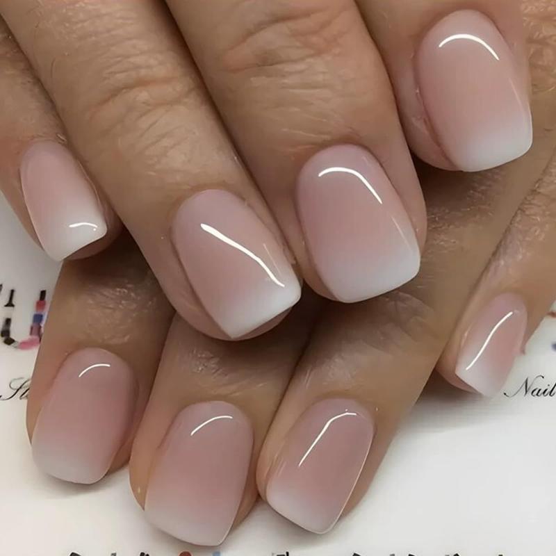 Short Square Press on Nails French Fake Nails Ombre Acrylic Nails Press on Full Cover Glossy Glue on Nails Artificial Stick on Nail for Women Manicure Decoration 24PCS