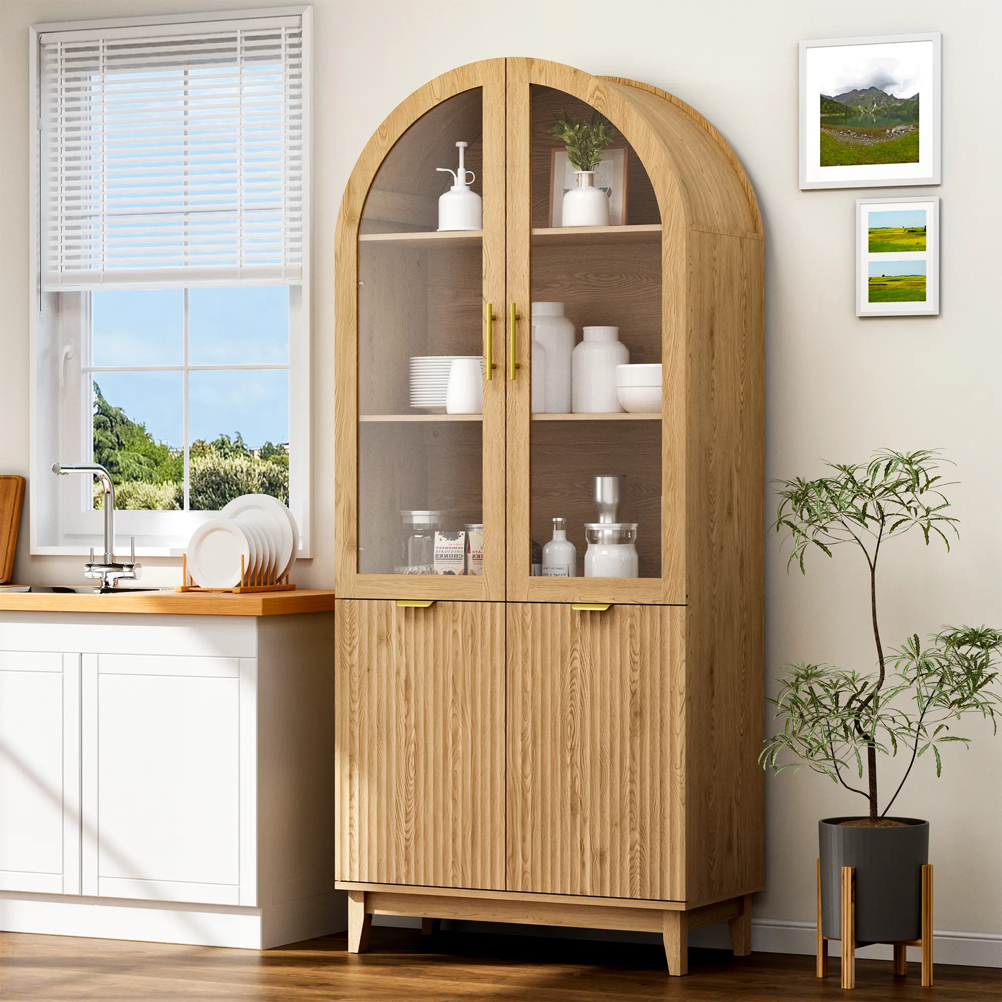 71" Tall Sturdy Arced Wood China Cabinet - Kitchen Pantry Cabinet with 3-Section Dual Engineered Easy-Install Glass Fluted Panel Doors, Adjustable Shelf, Natural Finish for Kitchen, Bathroom Storage of Collectibles