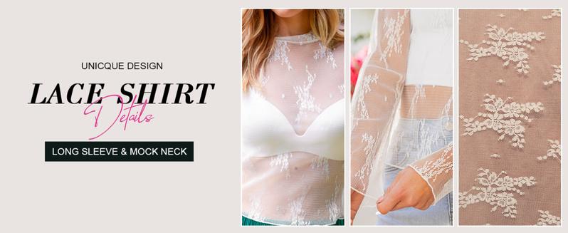 YeeZaa Lace Mesh Floral Boho Tops for Women 2026 Spring Summer Long Sleeve Blouse Sheer Mock Neck Layering Bolero Shrug See Through Cropped Y2K Going Out Tops Fit Elegant Curvy Casual