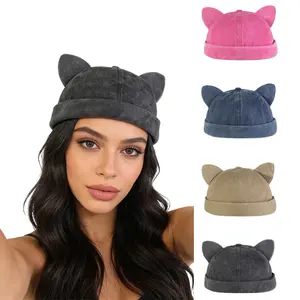Cute cat ear brimless farmer hat for women, casual versatile melon seed hat, washed and distressed stylish hipster hat for men