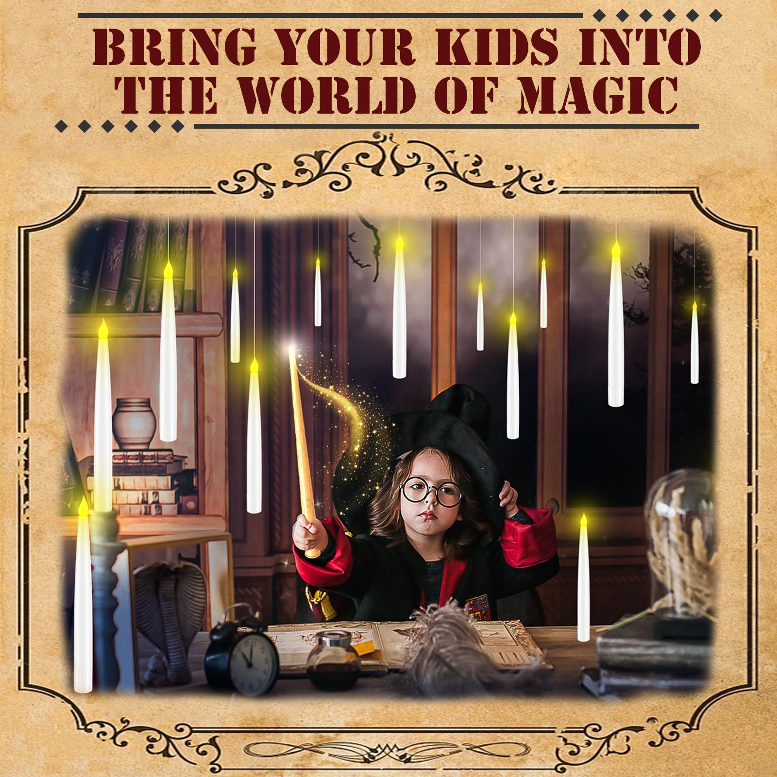 Floating Flameless Halloween Candles with Magic Wand Remote, 6.6" Hanging LED Taper Candles with Hooks & Fishing Line, Flickering Battery Operated Candles for Christmas, Windows, Spooky Indoor Outdoor Decor