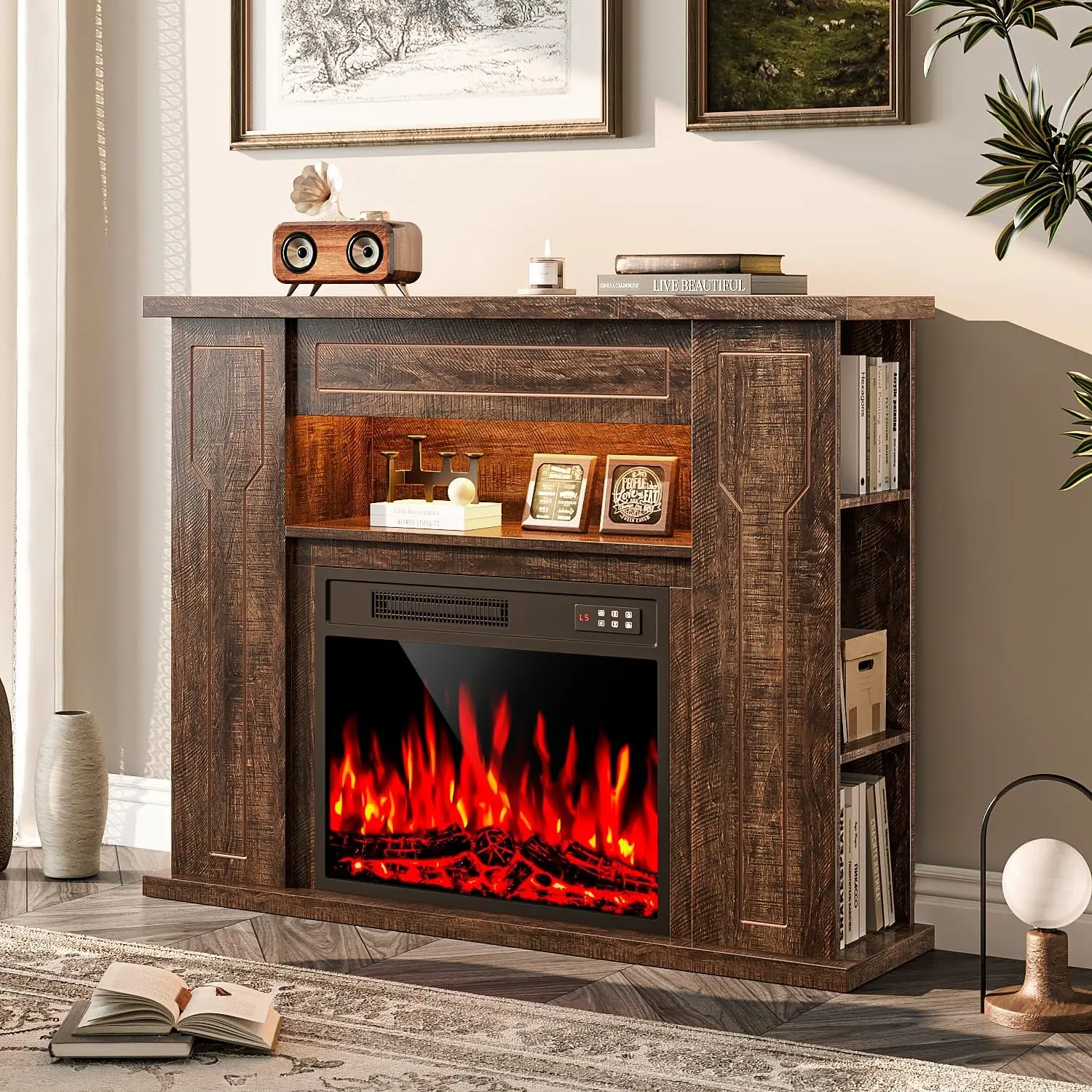 PUKAMI 43" Freestanding Electric Fireplace Mantel TV Stand - 23" Insert Heater, 7 Adjustable Flame Colors, LED Light, Dark Oak Backlit Storage Shelf Cabinet, Remote-Controlled Lockable Home Appliances for Farmhouse Rustic Living Room