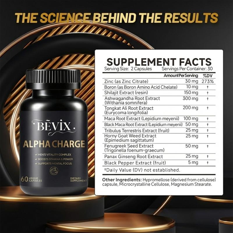 BEVIX Alpha Charge 1000 MG Premium Formula contains 12 herbal ingredients Fitness – Energy, Circulation – 60 Capsules  Healthcare