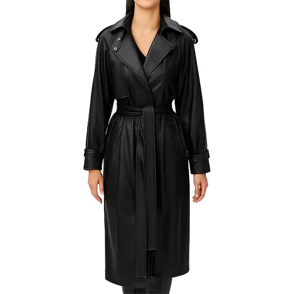Women's Black Leather Trench Coat with Belted Waist