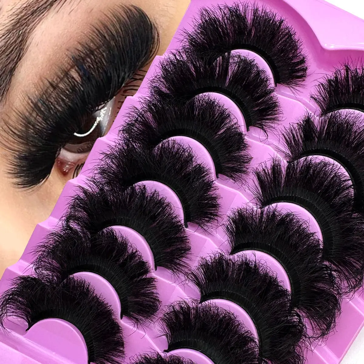 7 Pairs Thick Long Reusable Makeup Lashes 9D Faux Mink False Eyelashes, Volumized Fake Eyelashes, Volumized False Eyelashes, Dramatic Volume, Multi-Layered Curly & Fluffy, Cat Eye Shape, 18-25mm Long & Dense, Handmade Suitable For Beginners, Comfortable