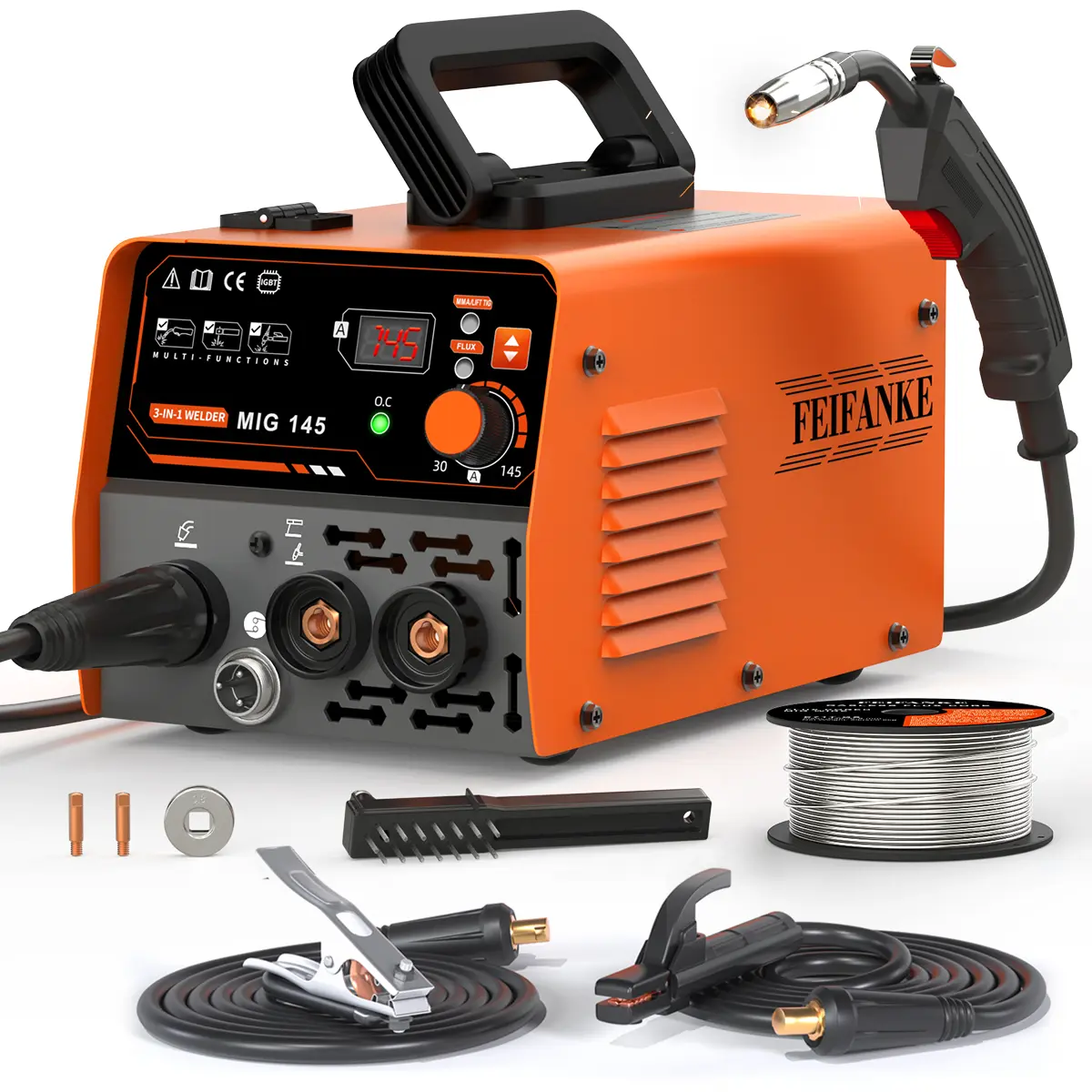 FEIFANKE MIG145MINI 145A 110V Flux Core MIG Welder Machine , 3-in-1 MIG/ARC/Lift TIG welder machine, IGBT Inverter synergic control ARC /MMA Welding Machines for beginners, protable LED Digtital Display MIG Gasless Welder for Repair Work ＆DIY＆Metalworking