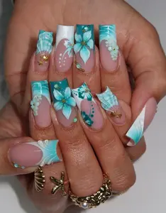 Elegant Ocean Breeze 3D Orchid Press On Nails, Turquoise Ombre French Tip Beach Nails with Seashell Accent, Handmade Summer Nail Art for Vacation, Cruise Holiday Nails, Birthday Gift for Women, Tropical Ocean Style