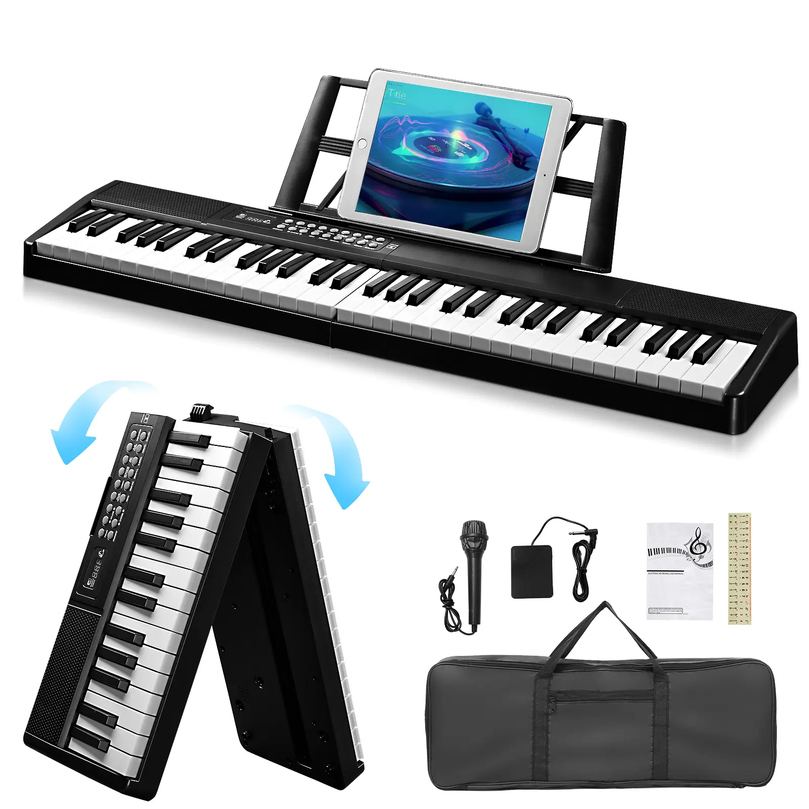 61-Key Foldable Semi-Weighted Electronic Piano Keyboard for Piano Lovers - Bluetooth, Dual MIDI Connectivity, Built-in Speakers, Multifunction Durable Design, Portable Handbag Included (Black)