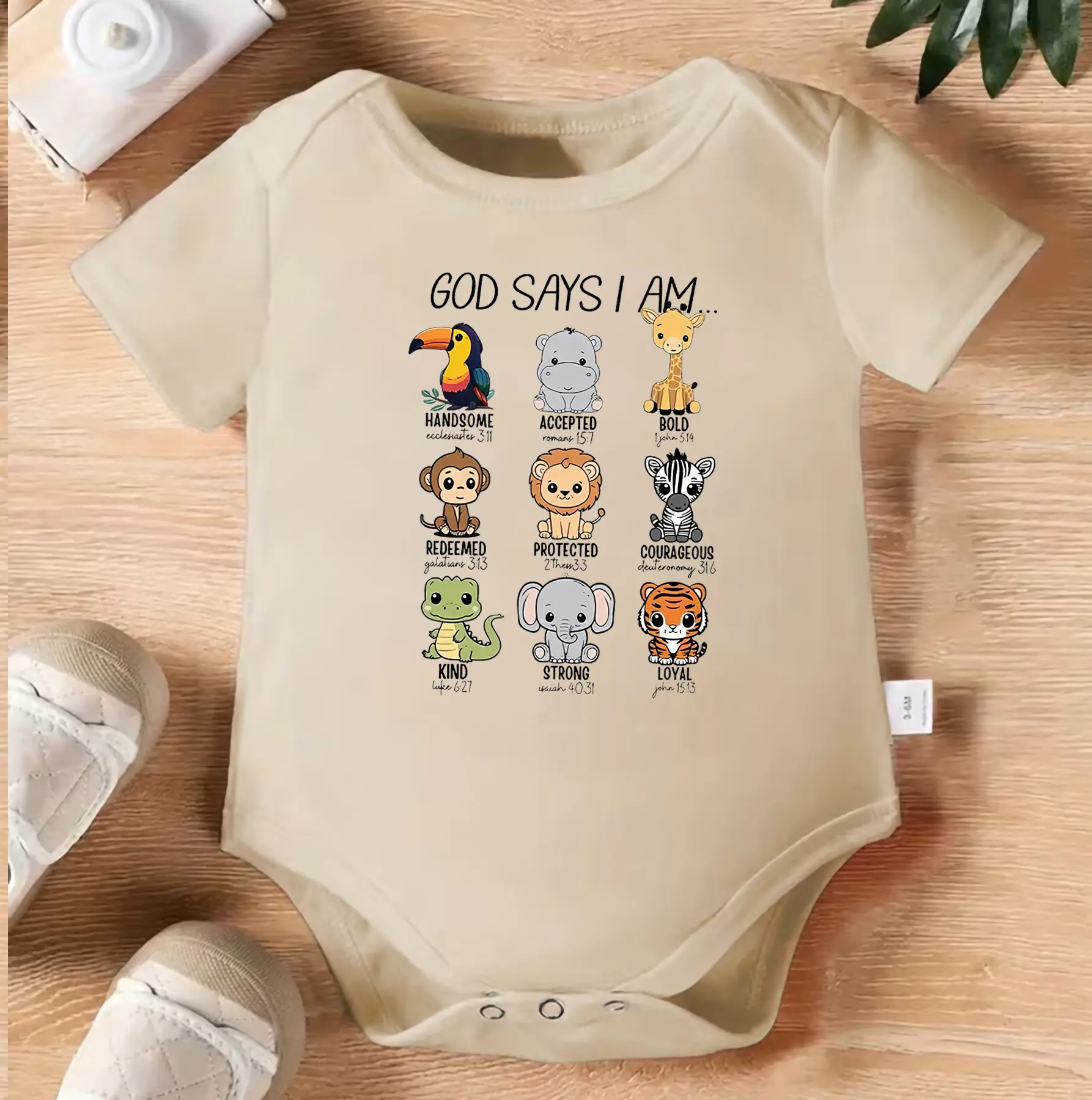 1pc Baby Crawling Suit - White Onesie with "God Says I Am..." Safari Animal Print - Soft Cotton Outfit for Newborns & Toddlers 0-3 Years - Inspirational Faith Gift - Machine Washable Infant Wear